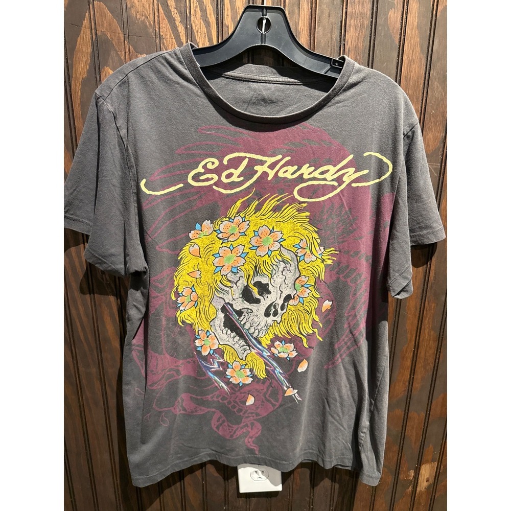 Ed Hardy Christian Audigier Skull Flower Graphic Tee Charcoal Grey Mens L